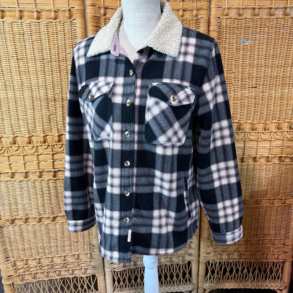Soho Threads Women Plaid Fleece Shirt/Jacket Plush Sherpa Lined Black Rose S/P